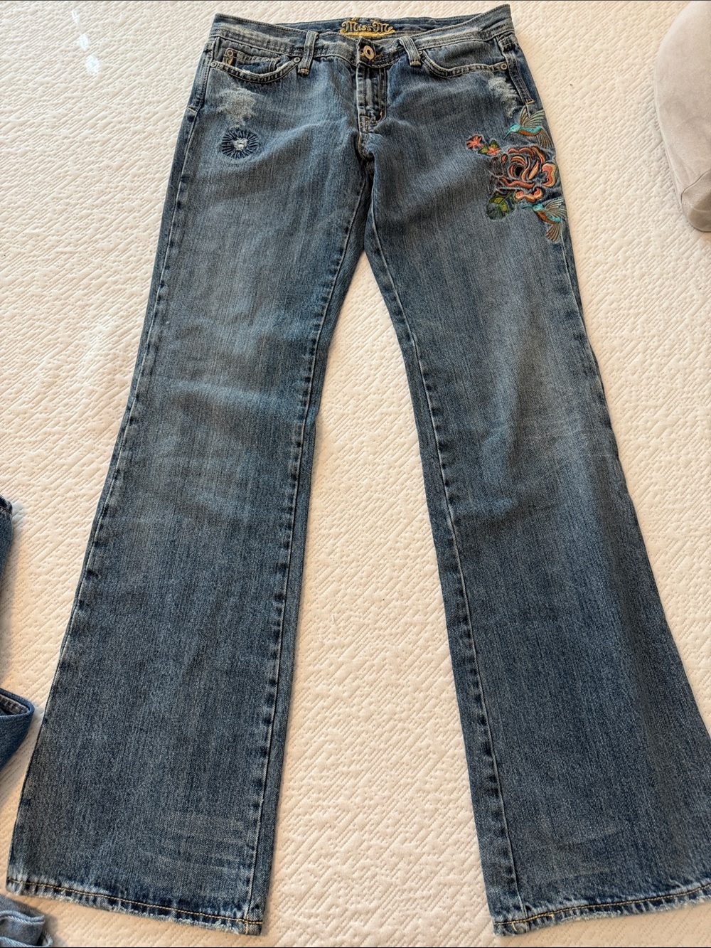 Miss Me Blue Flare Jeans with Embroidered Floral Accent 29